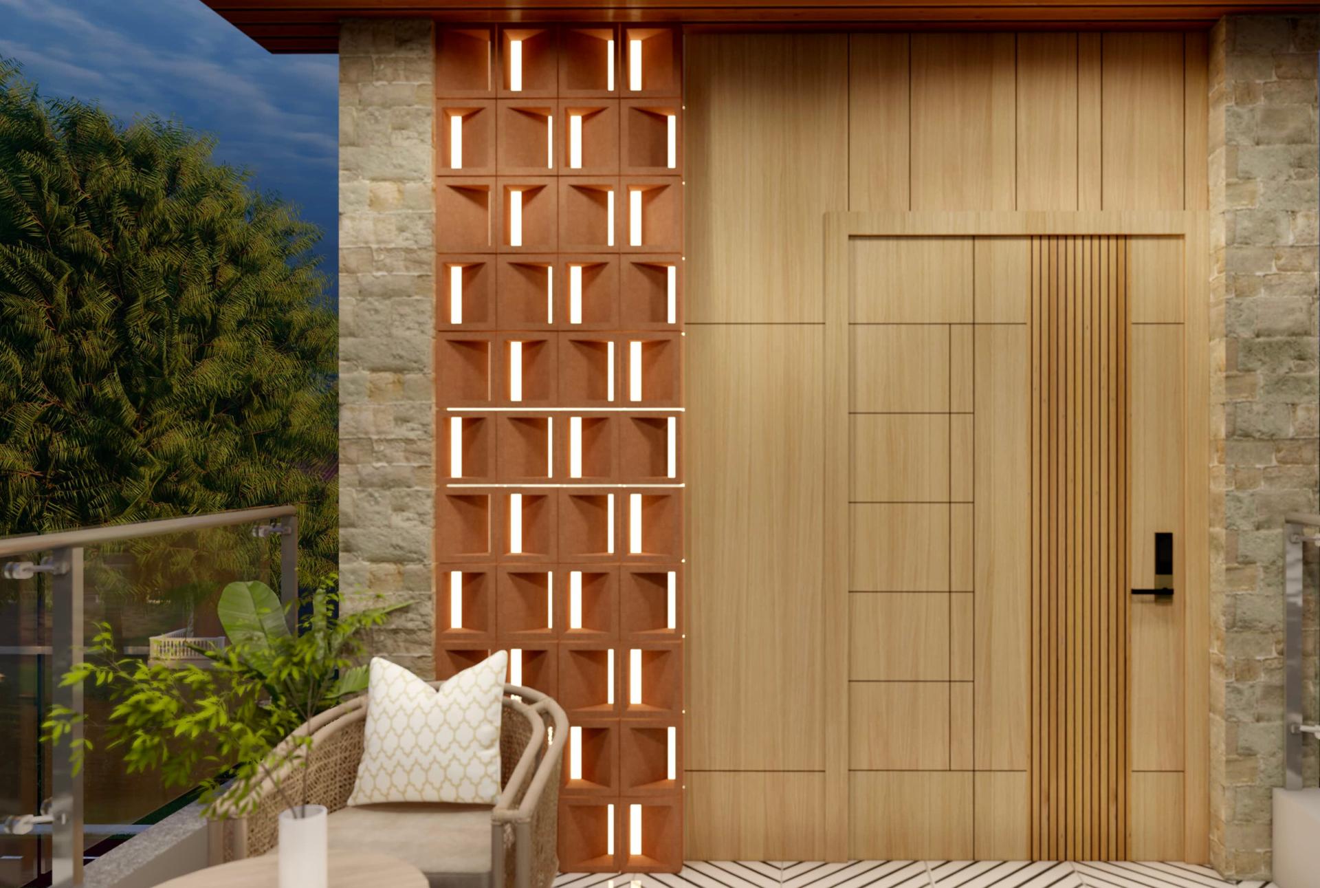 Modern entrance and hallway with wooden door detail