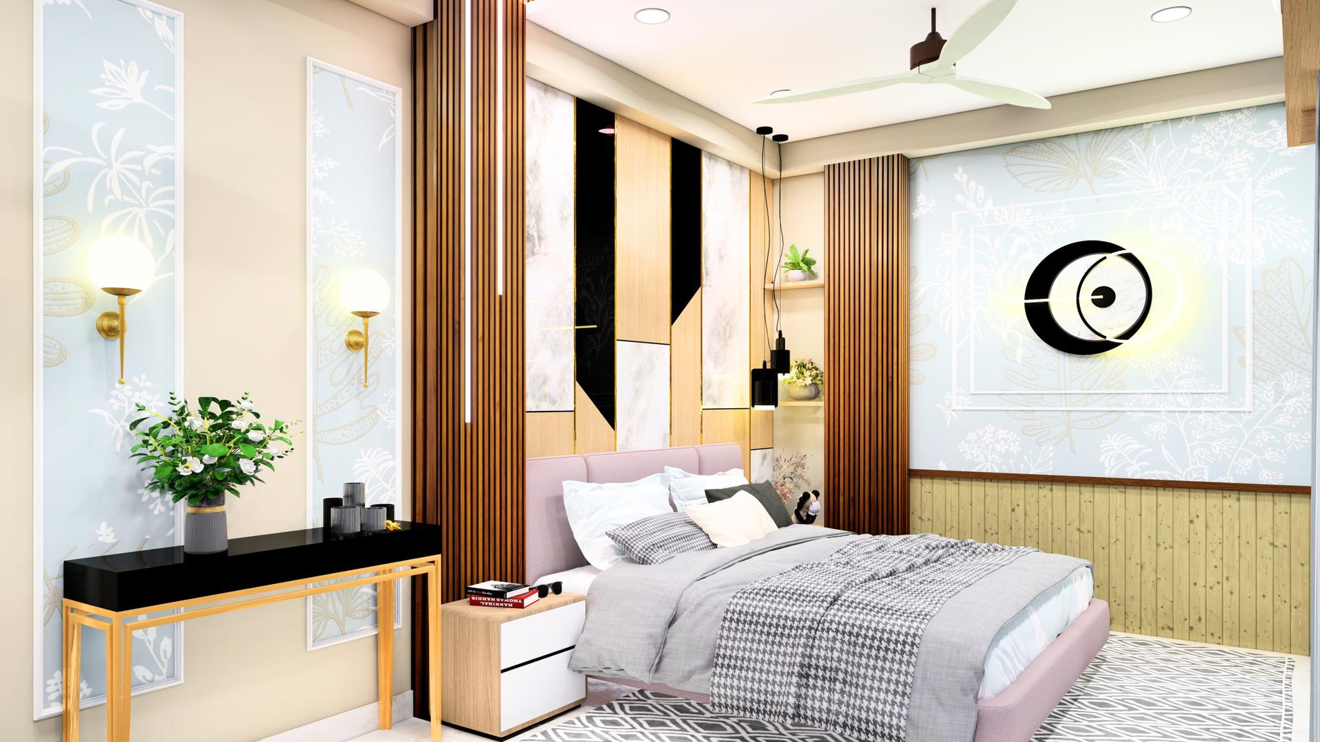 Bedroom with upholstered headboard and side tables