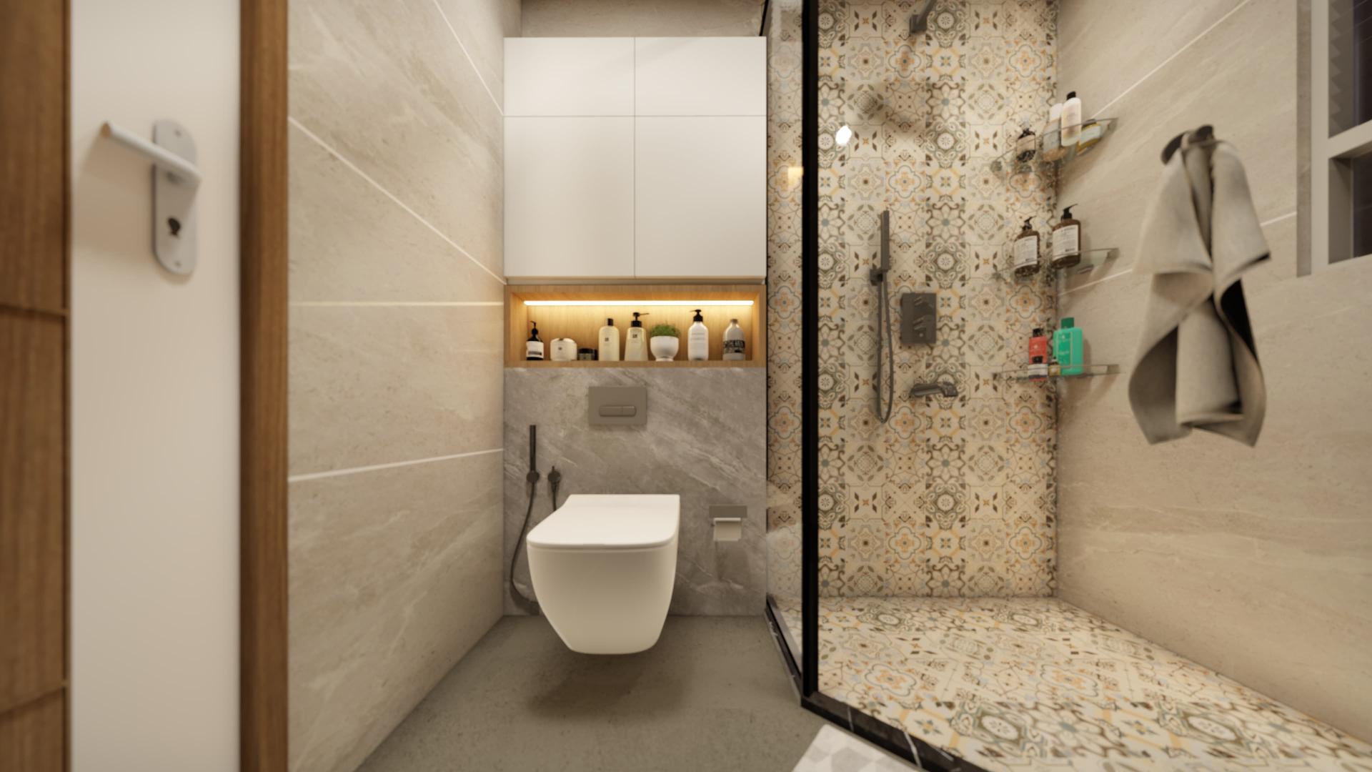 Modern bathroom with patterned tile shower and wall-mounted toilet
