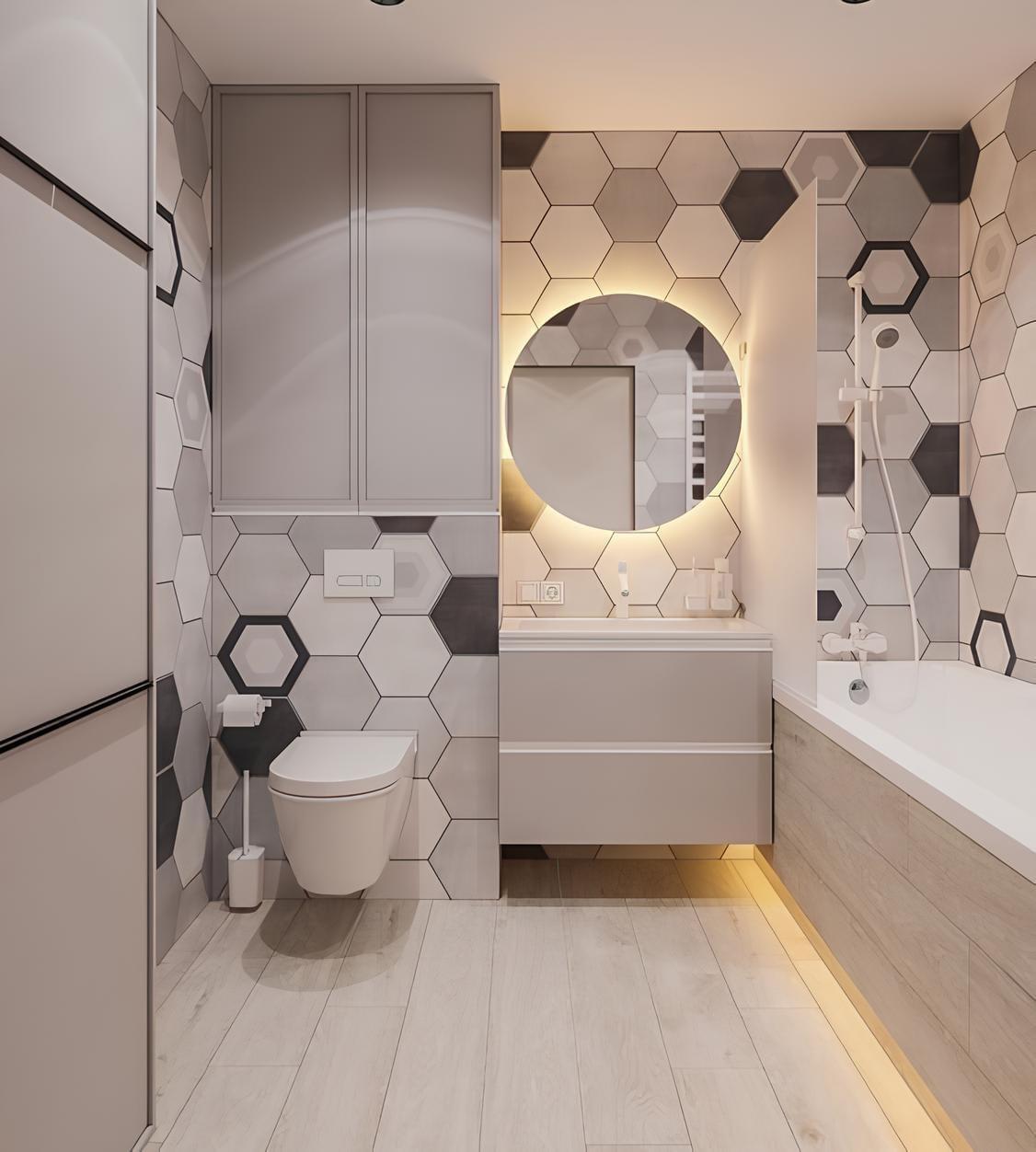 Contemporary bathroom with glass partition