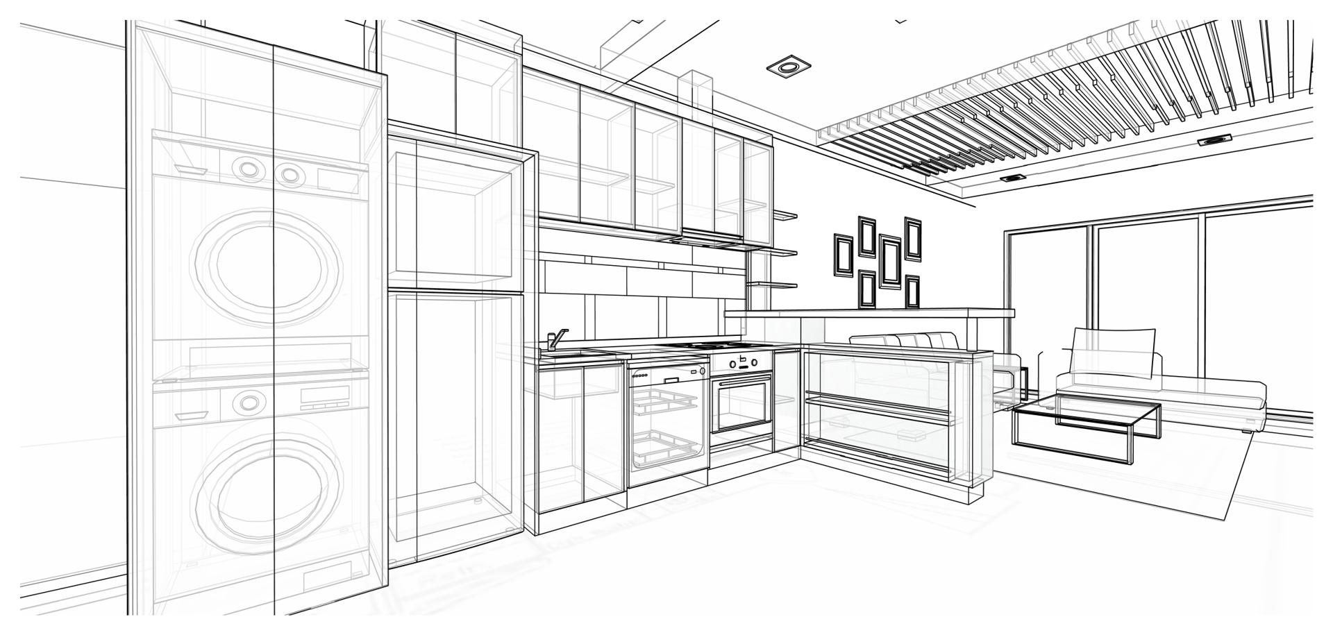 Technical wireframe drawing of kitchen and laundry layout