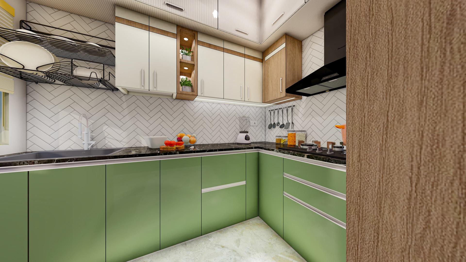 Kitchen with marble island and track lighting