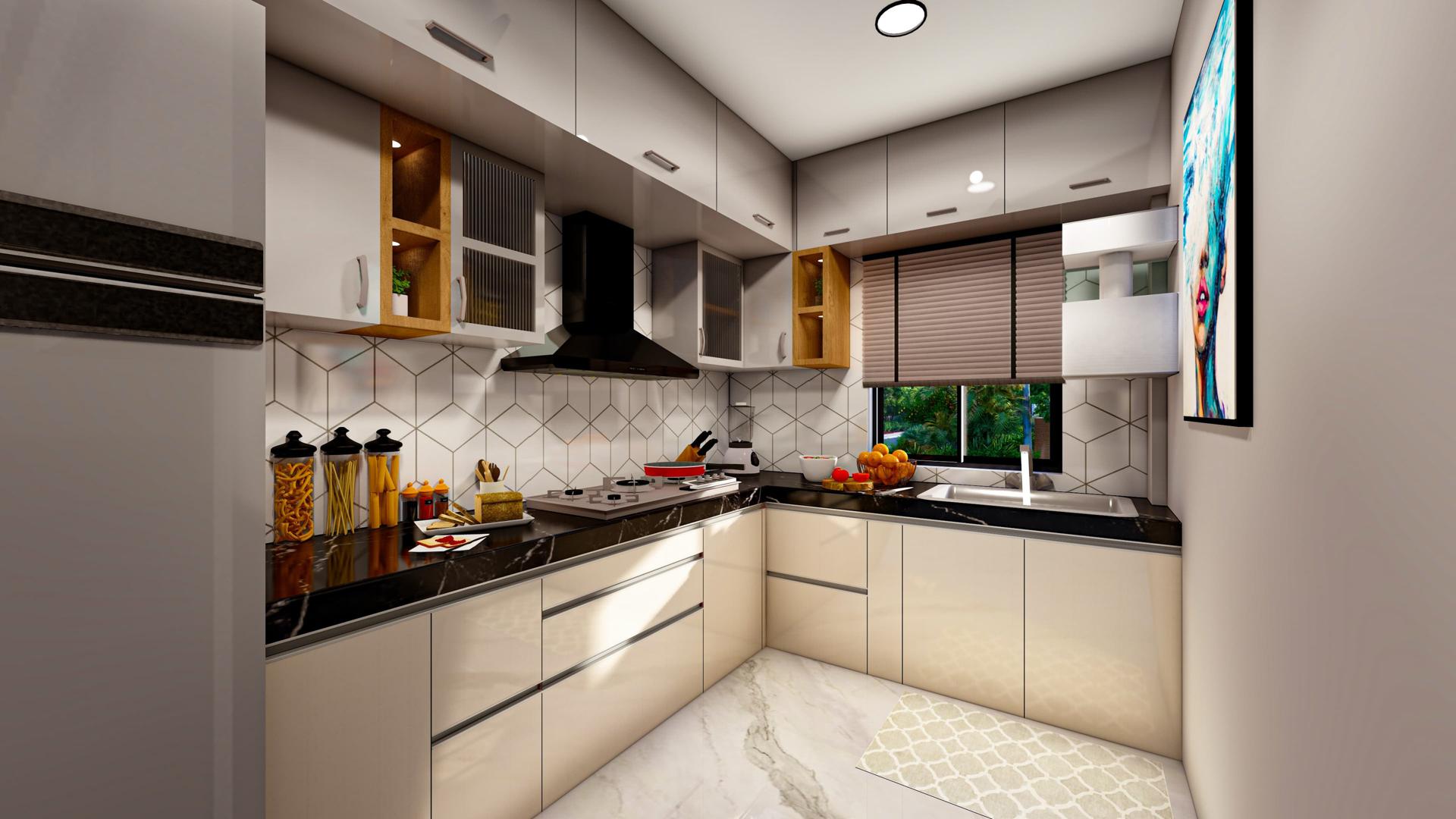 Contemporary kitchen with dark countertop and wood accents